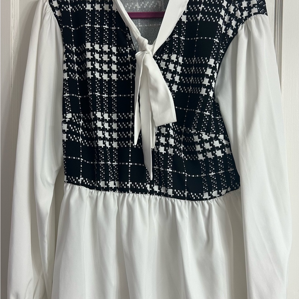 Black and White Plaid Dress with Bow